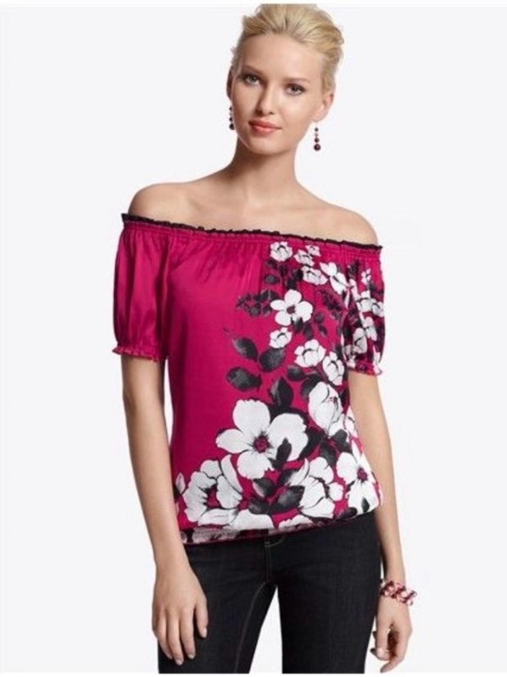 White House Black Market Red Satin Floral Off-Shoulder Blouse